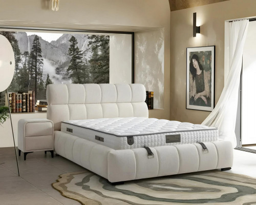 Elegantní modrá postel s matrací z textilu a dřeva