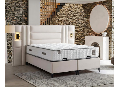 Elegantní bílé lůžko s matrací z textilu a dřeva