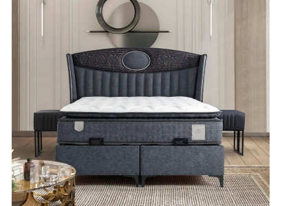 Elegantes graues Bett mit Matratze aus Textil und Holz