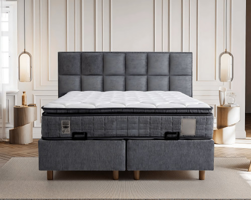 Grau modernes Bett mit Matratze aus Textil und Holz