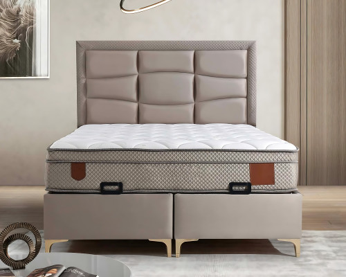 Elegantes Beiges Bett mit Matratze aus Textil und Holz