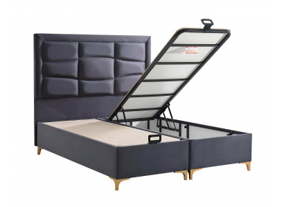 Nová šedá postel s matrací z textilu a dřeva