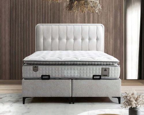 Nová bílá postel s matrací z tkaniny a dřeva