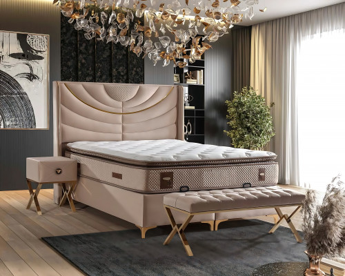 Elegantní béžová postel s matrací z textilu a dřeva