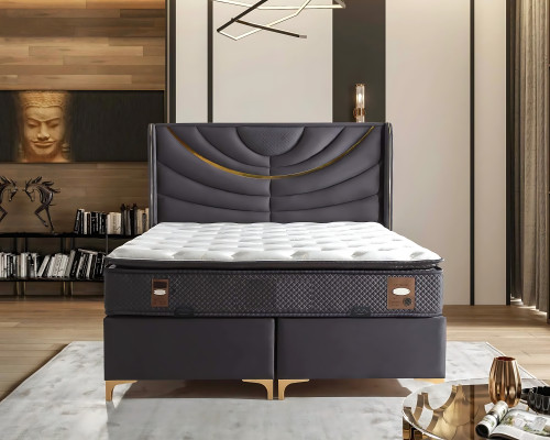Elegantes graues Bett mit Matratze aus Textil und Holz