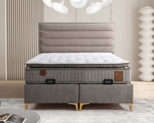 Beige Holzbett mit Matratze – Elegantes Schlafzimmermöbel