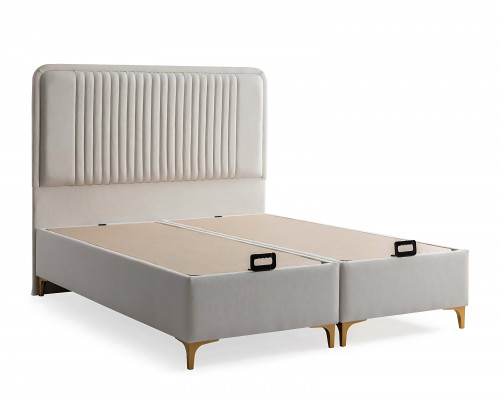 Elegantní postel s matrací v béžovém materiálu a dřevě