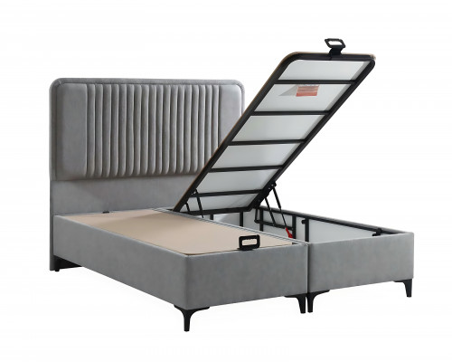 Elegantní šedá postel s matrací z textilu a dřeva