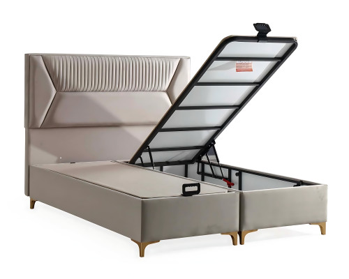 Elegantes beiges Bett mit Matratze aus Textil und Holz