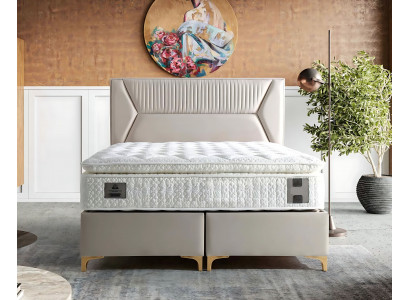 Elegantní béžová postel s matrací z tkaniny a dřeva