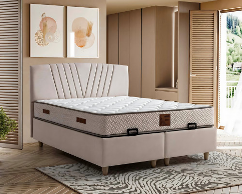 Elegantní postel s matrací v béžovém materiálu a dřevě