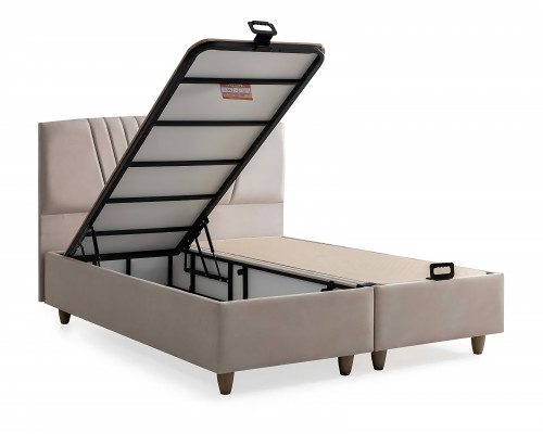 Elegantní postel s matrací v béžovém materiálu a dřevě