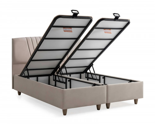 Elegantní postel s matrací v béžovém materiálu a dřevě