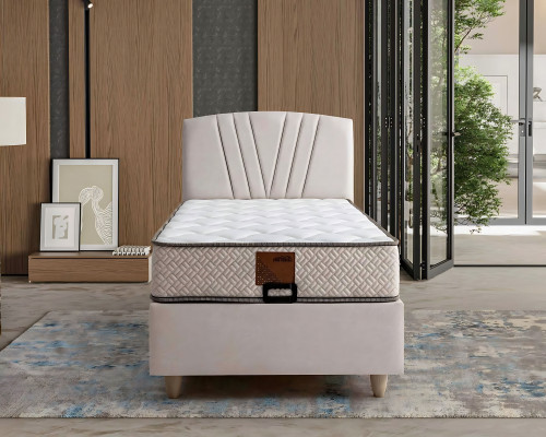 Elegantní postel s matrací v béžovém materiálu