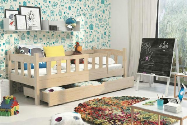 Dětská postel se zásuvkou a ochranou proti pádu Dětská postel z masivního dřeva