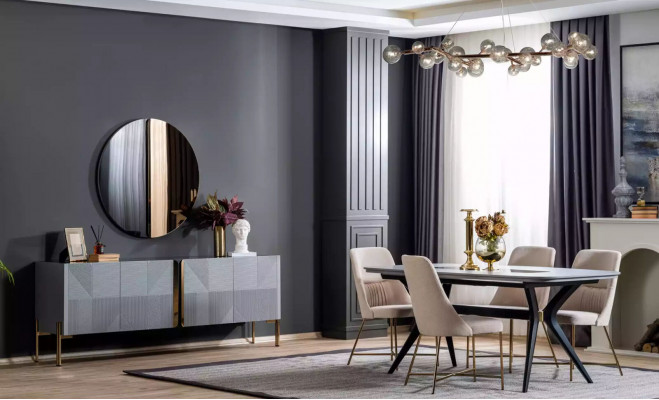 Moderní, určitě krásný stůl se židlemi v šedých a béžových tónech