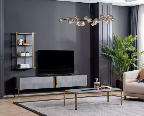 Úžasně elegantní moderní designérská televizní komoda do obývacího pokoje v popelavě šedé.