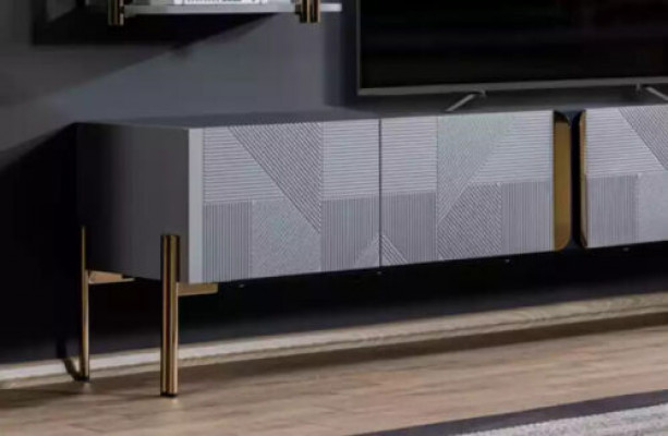 Úžasně elegantní moderní designérská televizní komoda do obývacího pokoje v popelavě šedé.
