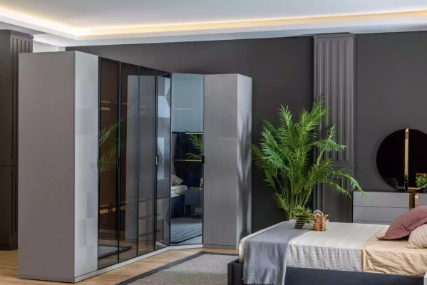 Rohová skříň šatní skříň Luxus dřevo Design nábytek ložnice šedá