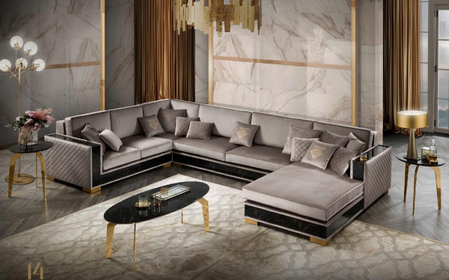 Ecksofa ve tvaru U, pohovka, design čalouněný textilní sedací nábytek obývací kout