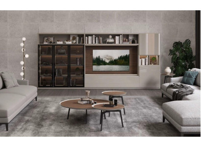 Nábytek do obývacího pokoje, sada stolků, luxusní design, luxusní hnědé stoly z dřeva.