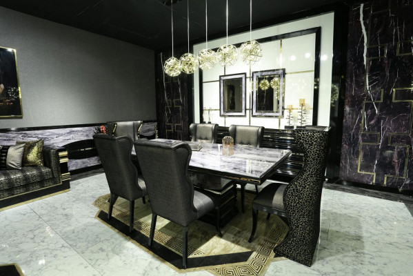 Černá jídelní sestava: jídelní stůl 232x112 cm + 6 židlí se zády