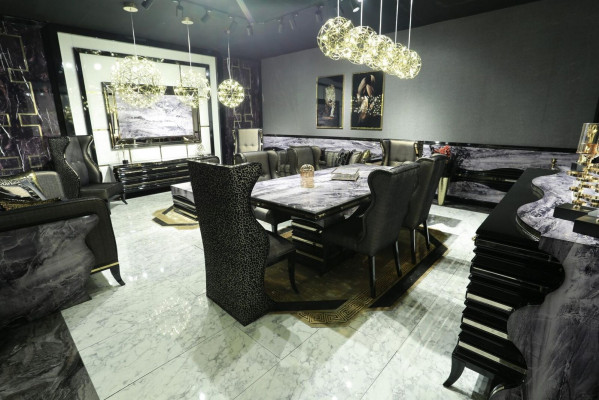 Černá jídelní sestava: jídelní stůl 232x112 cm + 6 židlí se zády