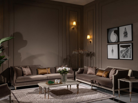 Sofa set čtyřmístná pohovka s 4 sedadly, konferenční stolek, látková pohovka, polstrovaná pohovka hnědá