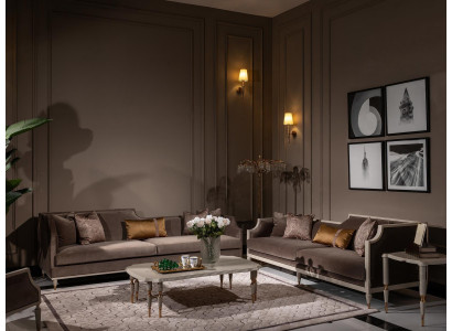 Sofa set čtyřmístná pohovka s 4 sedadly, konferenční stolek, látková pohovka, polstrovaná pohovka hnědá