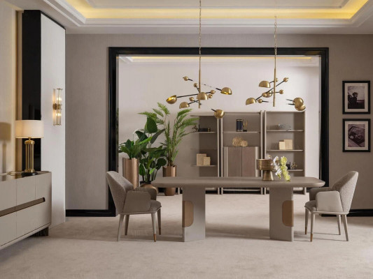 Jídelní skupina, sestava jídelního pokoje, jídelní kout, jídelní stůl, židle, sada 7 kusů, béžová.