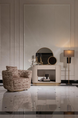 Garnitura obývacího pokoje Křeslo Komoda Zrcadlo Beige látka Dřevo Relaxační 3 kusy