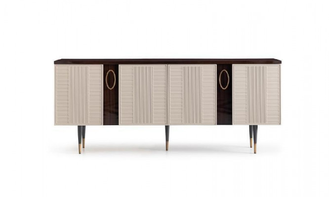 Sideboard, bytový kredenc na nohy, komoda, skříň z bílého dřeva, designový nábytek do jídelny.