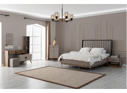 Šedý ložní set se dvoulůžkem 2x noční stolky Dřevěný toaletní stolek