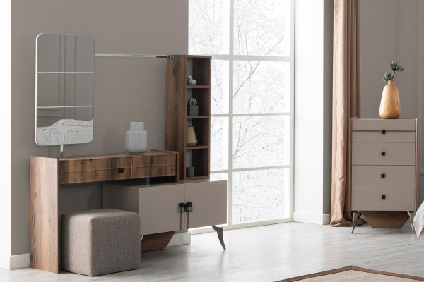 Šedý ložní set se dvoulůžkem 2x noční stolky Dřevěný toaletní stolek