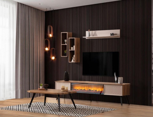Elegantní obývací stěna s TV designérem z masivního dřeva se dvěma poličkami.