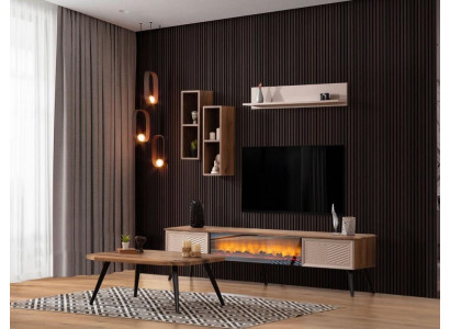 Elegantní obývací stěna s TV designérem z masivního dřeva se dvěma poličkami.