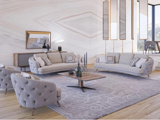 Chesterfield nábytek obývací sestava 5 kusů - polstrované pohovky a designové křeslo.