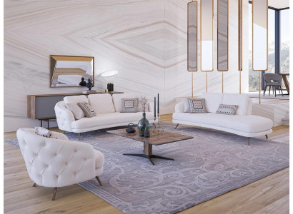 Bílé čalouněné obývací stěny, sada 4 kusy, moderní, 2x třísedadlová pohovka, designové křeslo