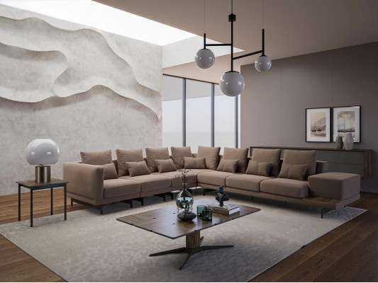 Luxusní designová kompletní sedací souprava rohového tvaru z masivního dřeva, nový konferenční stolek