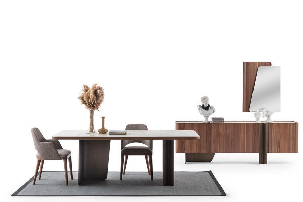 Jídelní místnost, 7dílná moderní sestava jídelního stolu, komoda, bufet, zrcadlo, židle