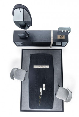 Jídelní po 7 kusů. sada jídelní stůl vedlejší skříň zrcadlo 4x židle Moderní design