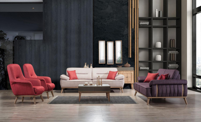 Elegantní barevný set do obývacího pokoje: 2x třísedadlová pohovka a 2x křeslo.
