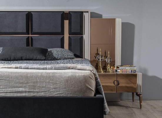 Dokonalá sada moderní postel a 2x noční stolky luxusní nové v ložnici