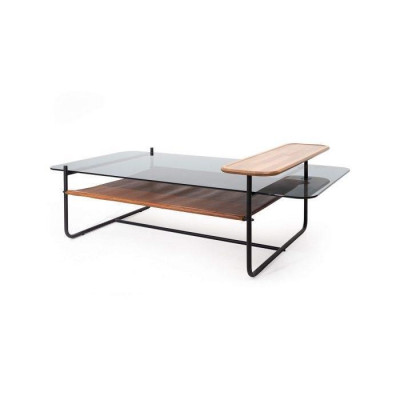 Stylový konferenční stolek s skleněnou deskou, hnědá barva, moderní nábytek do obývacího pokoje.