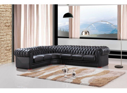 Chesterfield rohová pohovka Rohová sedačka Designer Sofa Černá Pohovka 100% kůže Okamžitě
