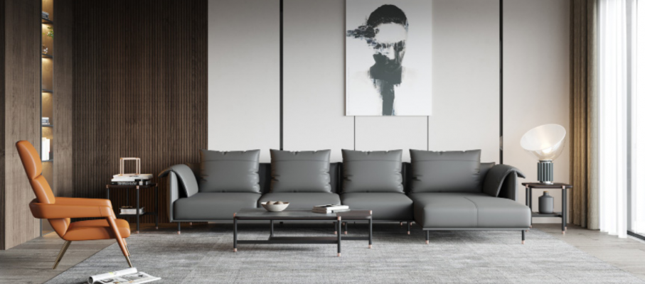 Rohová sedací souprava, sedačka šedá kůže L tvaru pohovka design čalounění