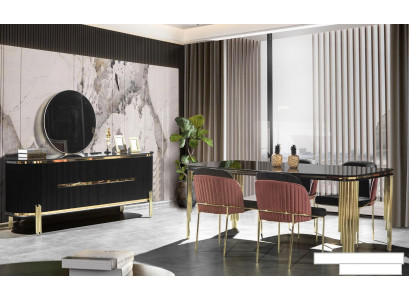 Luxus jídelní sestava s designovým stolem, komodou a 4 židlemi, skupina 6 dílů. Nová sada.