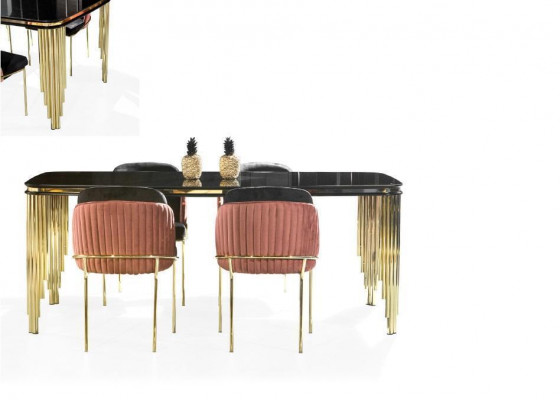 Luxus jídelní sestava s designovým stolem, komodou a 4 židlemi, skupina 6 dílů. Nová sada.