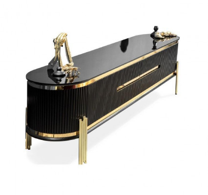 Luxus jídelní sestava s designovým stolem, komodou a 4 židlemi, skupina 6 dílů. Nová sada.