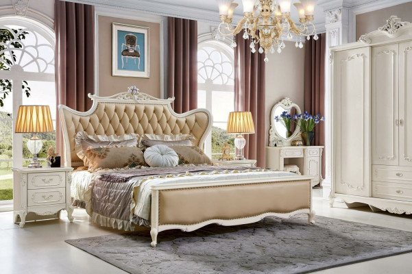 Noční stolek, toaletní stůl, 6 kusů, ložnice, moderní design, luxusní manželská postel.